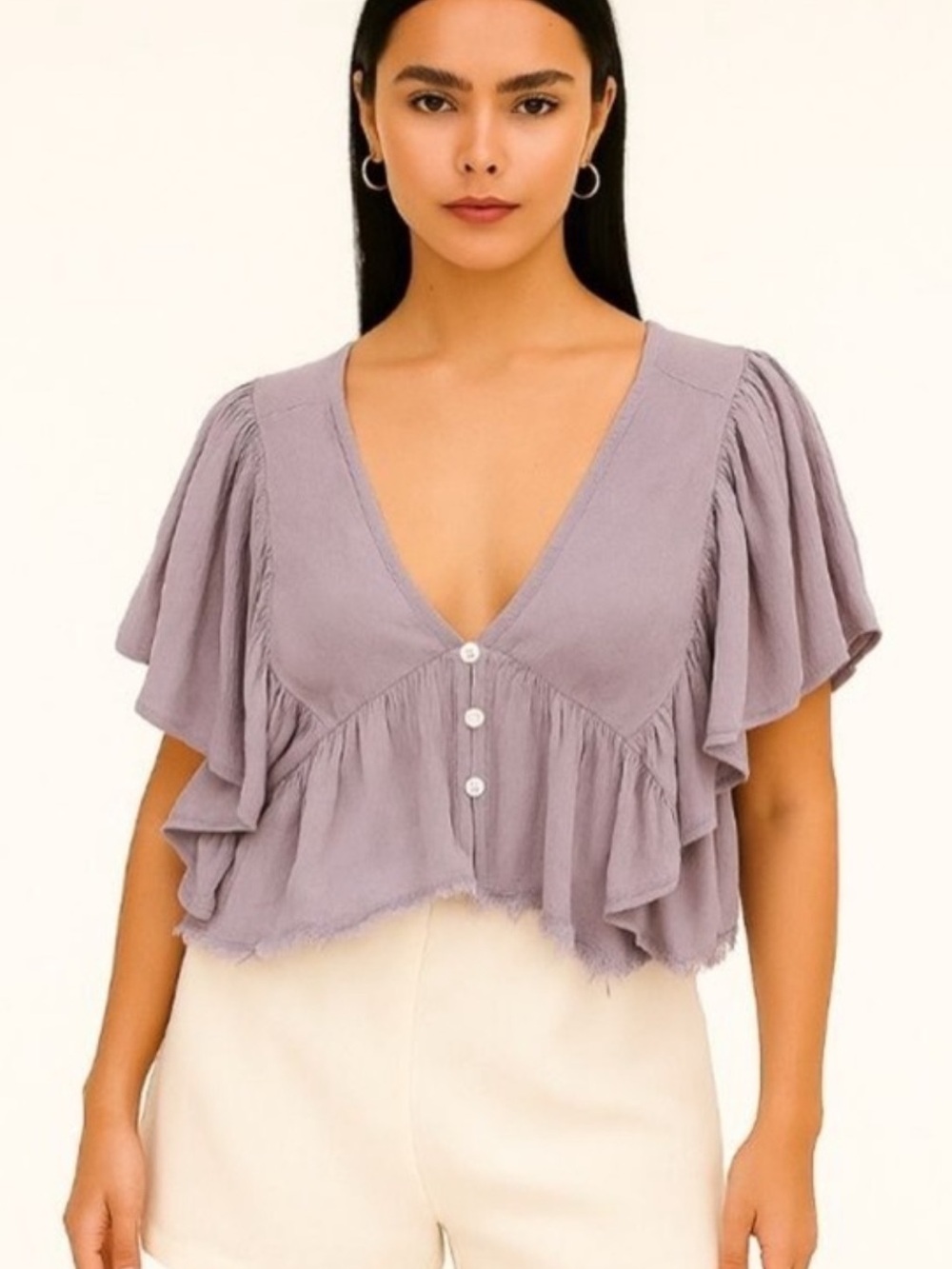 Free People Dusty Lavender Ruffle Button-Front Blouse
